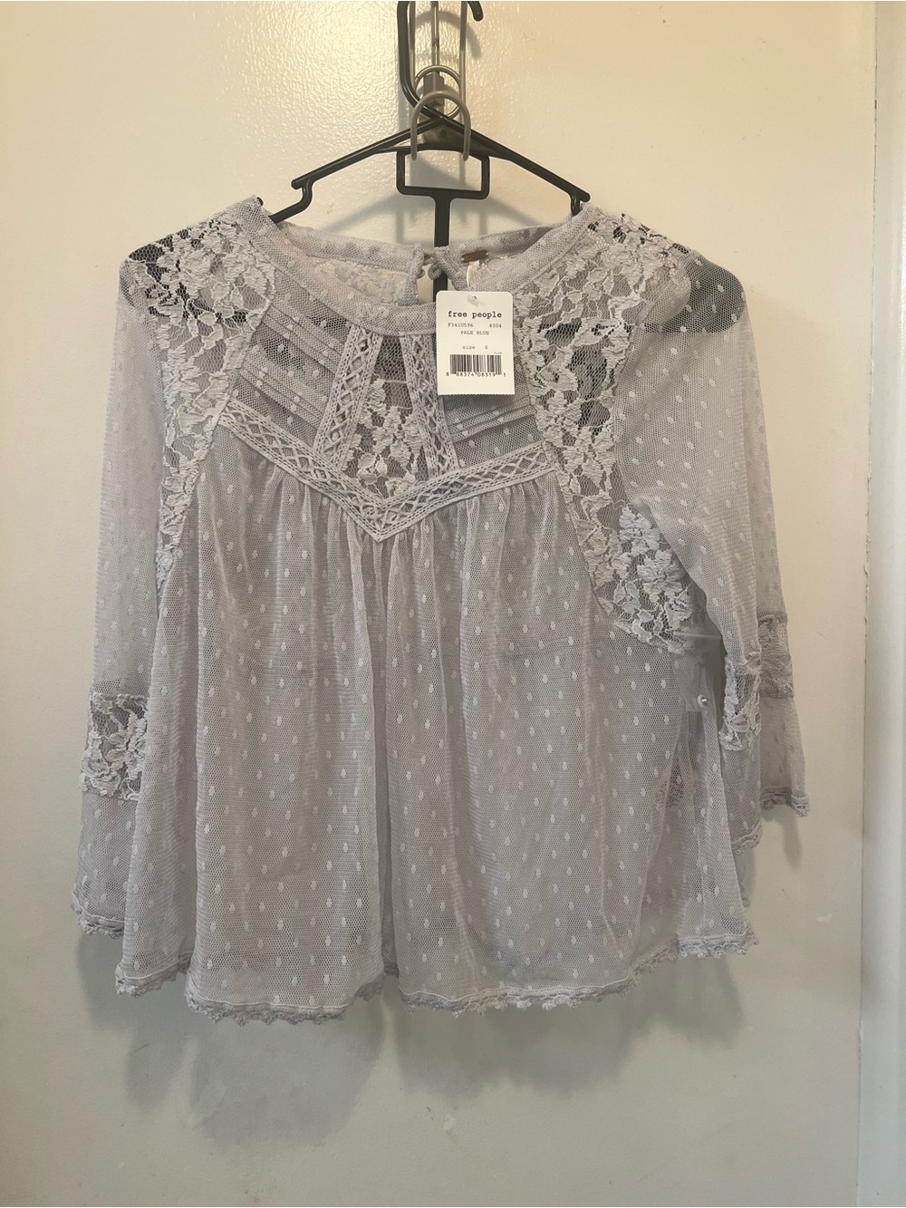 Free People Pale Gray Lace & Dotted Swiss Peasant Blouse